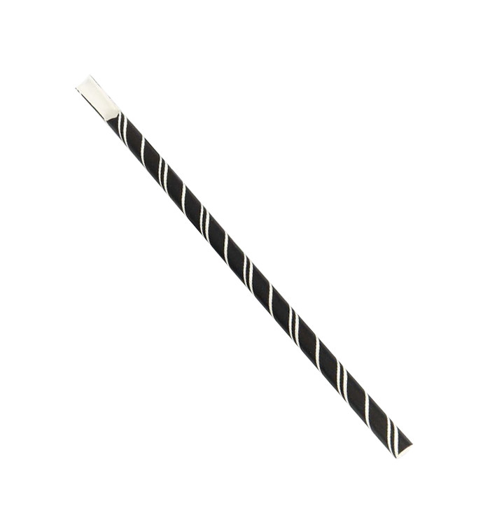 Pajita Cuchara Papel Negra Rayas Blancas Ø8mm 20cm (100 Uds)